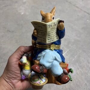 CWC Ceramic Rabbit‎ Trinket Box Hinged Figurine Bunny Reading Newspaper Easter